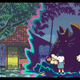 A pixel art boy confronts a large monster.